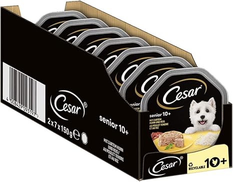 Cesar Senior 10+ Wet Dog Food with Delicate Chicken and Rice in Jelly, 14 Bowls (14 x 150 g)
