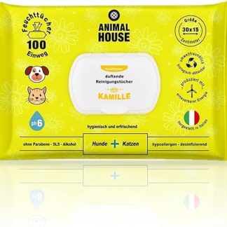 Animal House - Chamomile Cleansing Wipes - Pack of 100 - Natural, Moisturising and Soothing, Biodegradable and Hypoallergenic, for Daily Cleaning of Dogs and Cats