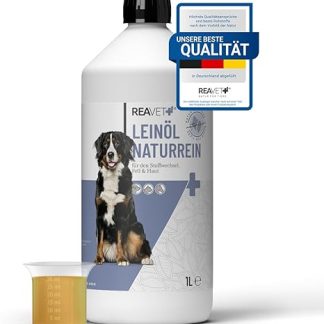 ReaVET Linseed oil for dogs and horses, 1 litre, linseed oil for dogs, cold pressed, native, rich in omega 3 and 6 fatty acids, barf additive, high-quality barf oil for dogs, cats, horses