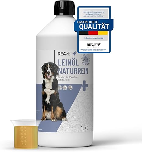 ReaVET Linseed oil for dogs and horses, 1 litre, linseed oil for dogs, cold pressed, native, rich in omega 3 and 6 fatty acids, barf additive, high-quality barf oil for dogs, cats, horses