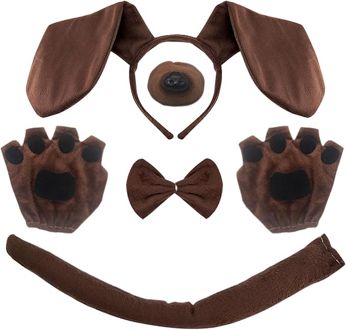XNIVUIS 5 Pieces Dachshund Dog Set, Puppy Costume Set, Includes Dachshund Headband, Nose Tail, Gloves, Bow Tie for Adults, Kids, Cosplay, Children's Day, Christmas, Animal Theme Party