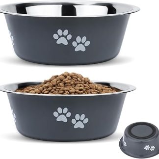 PETTOM Pack of 2 Stainless Steel Dog Feeding Bowls (1560 ml), Dog Feeding Bowl Made of Stainless Steel with Non-Slip Silicone Base for Large, Medium, Small Dogs, Drinking Bowl for Dogs, M - 21 cm, Grey