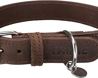 TRIXIE Rustic 19006 Leather Collar Size M: Neck Circumference 37 - 44 cm / 40 mm Dark Brown - Stitched Leather Collar for Medium Dogs in Classic Design, Gentle Leashing