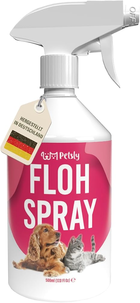 Petsly Flea Remedy for Cats, Dogs & Textiles, 500 ml, Non-Staining, Flea Spray for Home and Furniture, Long-Term Protection, with Natural Essential Oils such as Citronella & Geraniol Oil