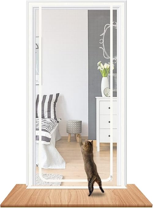 Cat Gate for Door, Prevents Cat from Leaking Out, Insulation Door Gate for Introducing New Cats, Door Net for Cat Dog Pet (Suitable Door Frame Size: 80 cm x 200 cm, White)