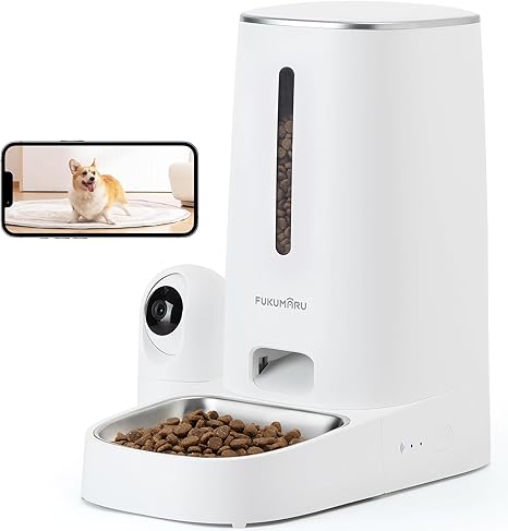 FUKUMARU 4L Automatic Cat Feeder Stainless Steel Bowl with 1080P Camera, 5G WiFi Feeder Dog with App & Night Vision, Sensor for Low Food, Pet Camera, 1-10 Meals