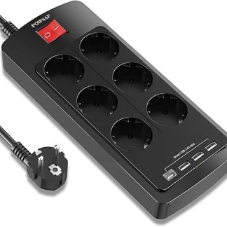 POWSAF USB C Power Strip, 6 Sockets, 3 USB-A Ports and 1 USB-C Port, with Switch, Suitable for Home Office - Black