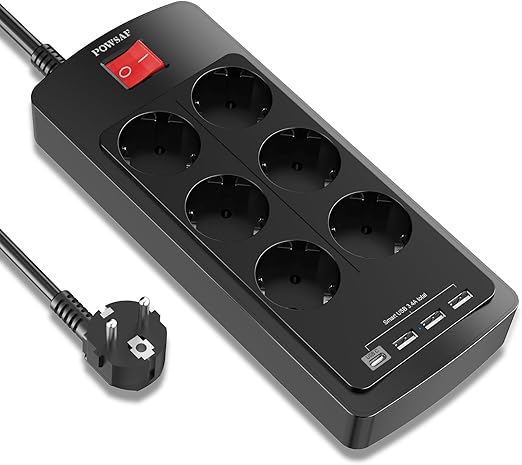 POWSAF USB C Power Strip, 6 Sockets, 3 USB-A Ports and 1 USB-C Port, with Switch, Suitable for Home Office - Black