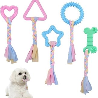 Ailvor Dog Chew Toy, 5 Pieces Puppy Chew Toy, Rubber Puppy Toy with Cotton Ropes for Dogs to Relieve Anxiety, Cleaning Teeth