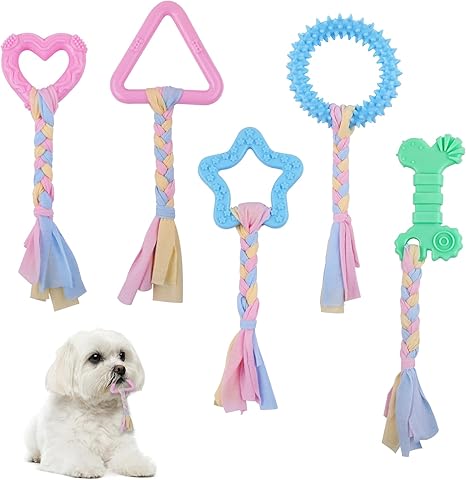 Ailvor Dog Chew Toy, 5 Pieces Puppy Chew Toy, Rubber Puppy Toy with Cotton Ropes for Dogs to Relieve Anxiety, Cleaning Teeth