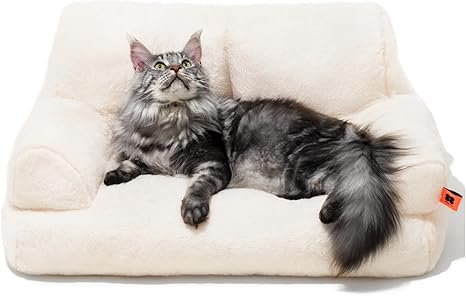MEWOOFUN Large Cat Bed, Small Dog Sofa, Fluffy and Washable, Cat Sofa, Dog Bed for Cats, Soft Cat Bed, Cat Couch with Non-Slip Underside, White, 66 x 48 cm