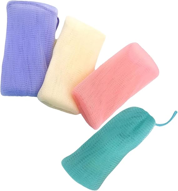 Pack of 4 Coloured Mesh Soap Bags with Drawstring Exfoliating Portable Soap Bag for Solid Soap Pieces Lightweight Quick Drying for Travel and Everyday Use