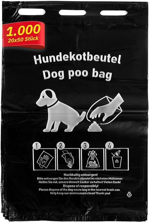 Hypafol Dog Waste Bags, Pack of 1000, 20 x 50 Pieces, 20 x 31 cm, Dog Bags Made of Robust HDPE, Hygienic, Extra Strong and Tear-Resistant, with Hanging Eyelets for Dispenser, Environmentally Friendly