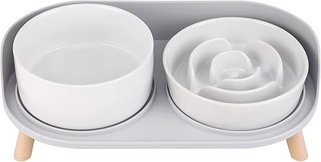 Anti-Slinging Bowl Dog Ceramic Bowl Set Raised - Dog Bowl for Slow Eating - Double Feeding Bowl for Small and Medium Dogs - Food Bowl & Water Bowl with Non-Slip Stand