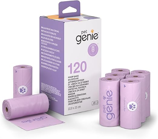 Pet Genie Dog Waste Bags - Leakproof & Extra Thick Dog Waste Bags for Small and Large Dogs, Lavender Scented, 120 Pack, 8 Rolls