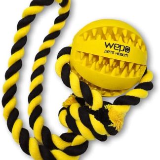 WEPO Throwing Toy Dog Yellow Diameter 7 cm - Ball on Cord - Dog Dental Care - Dog Accessories Large Dogs - Dog Toy Rope for Throwing, Tugging & Fetching - Knitted Black/Yellow