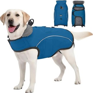 Eyein Dog Coat Winter, Waterproof & Windproof Warm Fleece Dog Jacket with D-Ring and Pocket, Reflective Winter Vest with Adjustable Neck and Chest Area for Large Dogs, Blue, 3XL