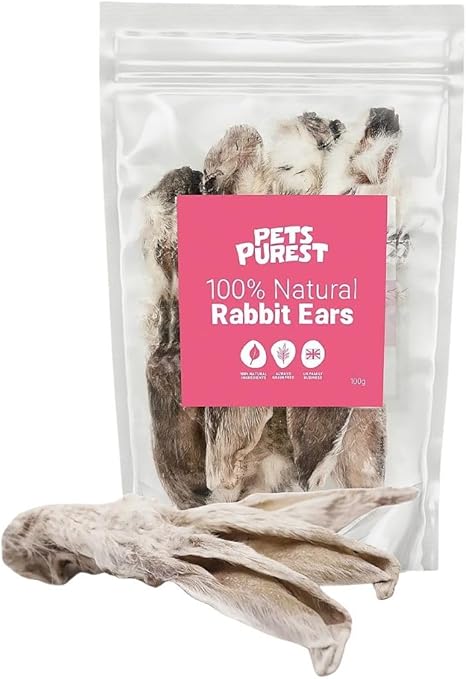 Pets Purest Rabbit Ears with Fur for Dogs, Puppies and Senior Dogs - 100% Natural, Air-Dried Dog Treats as Raw Dog Food and Low-Fat, Healthy, Hypoallergenic, Grain-Free Diet