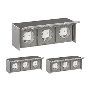 ledscom.de STEDDA Surface-Mounted Sockets, IP44, Stainless Steel, Weatherproof Wall Socket, Stainless Steel, Horizontal, with 3 Sockets for Garden, Patio and Outdoor Use, Pack of 3