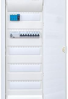 Hager VH60NC cavity wall distributor 5-row with surge protection. Ready for connection wired with terminal block. Legrand 1x FI 4-pin + 1x 3-pole + 5x 1-pin LS B16A