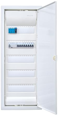 Hager VH60NC cavity wall distributor 5-row with surge protection. Ready for connection wired with terminal block. Legrand 1x FI 4-pin + 1x 3-pole + 5x 1-pin LS B16A