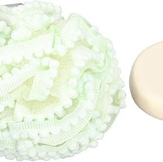 BRRNOO Bath Mesh Sponge Set, Goat Milk Osmanthus Soap Piece, Handmade Body Wash Facial Cleanser with Ultra Soft Mesh Scrubber for Gentle Exfoliation, Moisturising