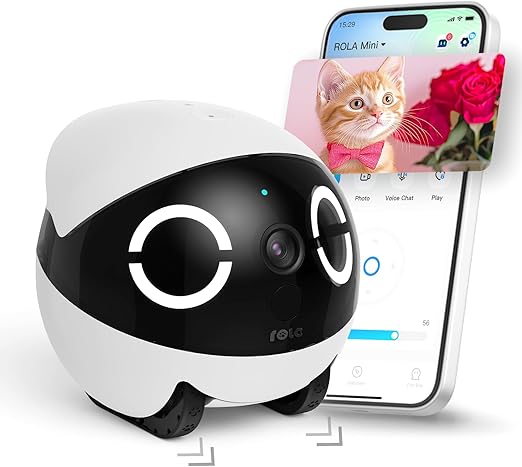 Enabot EBO ROLA Mini FamilyBot, 2K Pet Camera Robot: Movable Indoor Camera with Battery and Phone App, One Touch Call, 2-Way Audio, IR Night Vision, Motion Detection, Video Recording