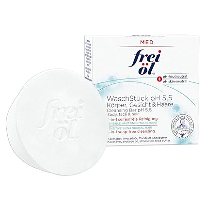 frei öl MED Wash Piece pH 5.5, 3-in-1 Soap-Free Cleansing for Body, Face and Hair, pH Neutral Microbiome Friendly, Microsilver, Almond Oil, Avocado Oil, Vegan, Facial Cleansing, 90 g