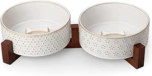MALACASA Dog Bowl Set with Walnut Wood Stand, 3.5 Cups Ceramic Pet Bowls for Puppies Dogs, Dual Food and Water Bowls with Non-Slip Base, Basic Bowls for Your Dog or Cat