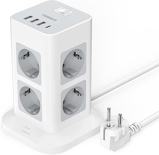 TESSAN 8-Way Multiple Socket with USB C, Power Strip, Surge Protection with 4 USB, Multiple Plug Socket Tower with Switch, Extension Cable 2 m for Home, 3600 W