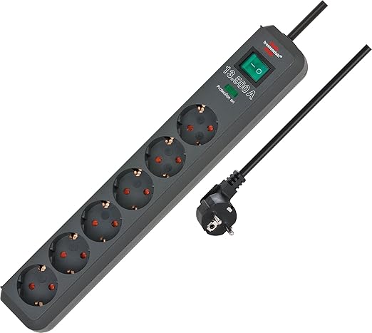 Brennenstuhl Eco-Line 6-Socket Power Strip With Surge Protection (Power Strip With Increased Contact Protection, On/Off Switch and 1.5 m Cable), Anthracite