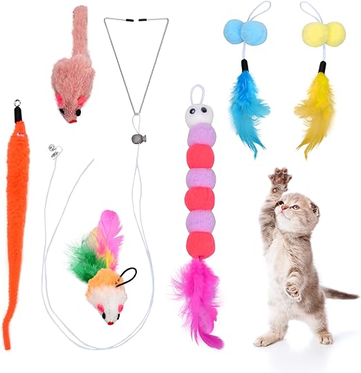 Dokeno Pack of 6 Interactive Cat Toy Cat Toy Self-Activity Cat Toy with Feathers Hanging Door Frame Hanging Cat Toy Set for Cat Run and Against Boredom