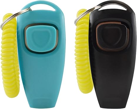 WOLMIK Pack of 2 Dog Clicker and Whistle 2 in 1, Clicker with Large Button and Whistles, Referees and Officials, Loud Clear Sound İdeal for Trainer, Pet, Cat, Recall - Black & Blue