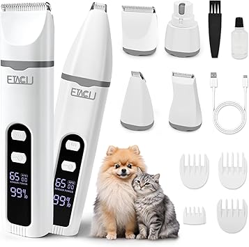 ETACCU 4-in-1 Quiet Dog Cat Clippers with LED Display, Dog Clipper, Paw Trimmer for Cats, Hair Trimmer & Claw Grinder for Body, Paws, Eyes, Ears, Face