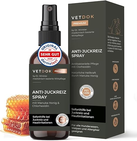 VetDok® by Dr. Winkler Anti-Itching Spray & Wound Spray with Manuka Honey & Chlorhexidine - For Dogs, Cats, Horses & Small Animals - For Tick Bites, Wounds, Allergies & Sensitive Skin 75 ml