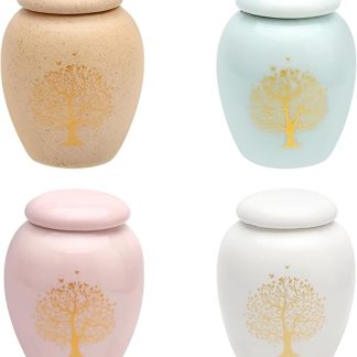 TNSLAND Small Urn for Human Ashes - Set of 4 Ceramic Mini Urns with Tree of Life - For People, Dogs, Cats - For Safe Storage