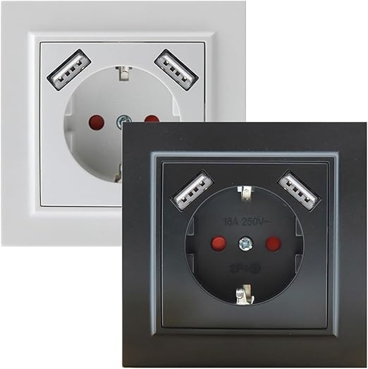 Type F Schuko Flush-Mounted Socket with Double USB in White - Ideal for Charging Electronic Devices in Tight Spaces