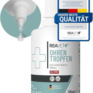 ReaVET Ear Drops with Colloidal Silver, 50 ml, For Dogs and Cats, Very Good for Ear Inflammation, Itching, Germs, Fungi and Bacteria, Ear Care, Ear Hygiene, Healthy Ears
