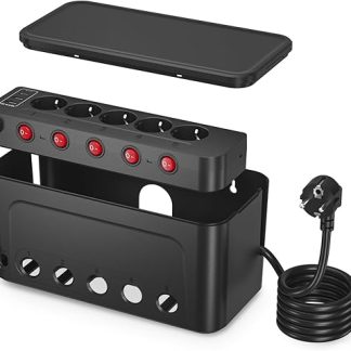 Cable Box with Power Strip, Surge Protection, 5-Way Multiple Socket, Individually Switchable Cable Organiser Box, Power Strip with Switch, 5 Sockets, 4 USB Cable Management Box, 1.5 m Cable, Black