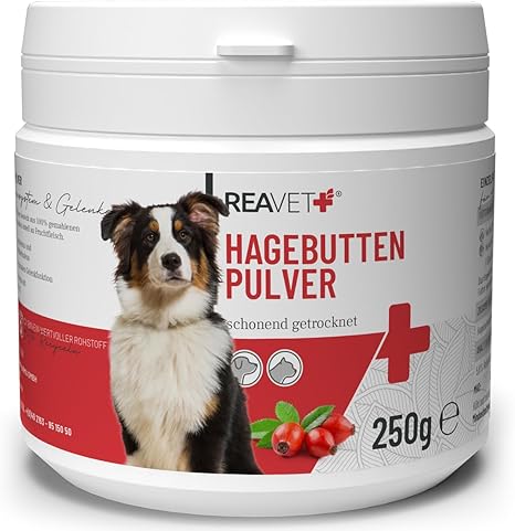 ReaVET Rosehip Powder for Dogs 250 g - Natural in Premium Quality, Strengthens Immune System + Joint Function, Rich in Vitamin C, Rosehip Powder for Dogs and Cats, No Additives