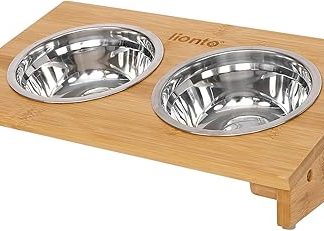 lionto Raised Bamboo Dog Bowl, 35 x 20 x 10 cm, Double Feeding Bowl for Dogs and Cats, 2 Dishwasher-Safe Stainless Steel Bowls Diameter 14 cm, Capacity per Bowl 250 ml, Non-Slip and Gentle on the