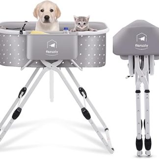 FLARUZIY Dog Bath, Raised Pet Bath, 5 Heights Foldable Dogs, Grooming Laundry Tray with Drain, Portable Bathtub for Small to Medium Dogs and Cats Max. up to 56 kg (Grey)