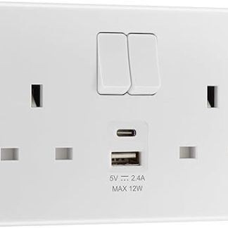 BG Electrical 822UAC12 Double Switched Socket with Type A and Type-C USB Charging Ports, Round Edge, Nexus 800 Series, White Moulded, 13A, 12W, White