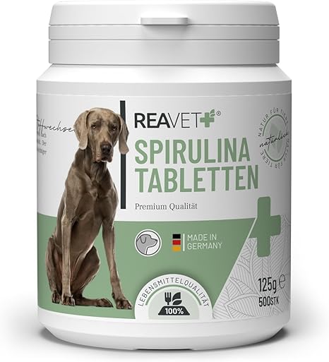 ReaVET Spirulina Tablets for Dogs Pack of 500 - Food Grade, 100% Pure Food Grade Microalgae I Natural Protein Source, Rich in Chlorophyll, Vitamins & Minerals