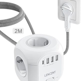 LENCENT 4-Way Socket Strip, Flat Plug, Socket Cube, 8-in-1 Power Strip, with 3 USB A and 1 USB C Port, 2-Metre Braided Cable, for Wall Socket