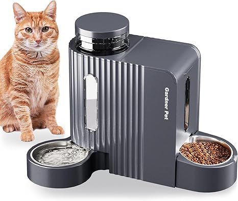 Gardner Pet Automatic Feeder for Cats/Dogs, 2 Bowls (3 L x 2), Automatic Cat Feeder and Water Dispenser Dog with Stainless Steel Bowl, No Electricity, BPA Free, Gravity Cat Food Automatic (Grey)