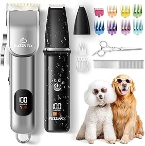 FuzzyFix Dog Clipper 3-in-1 Set, Dog Hair Clipper for Dense Matted Fur, Quiet Dog Shaver and Paw Trimmer for Dogs and Cats, Black
