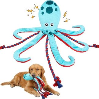 Cotton Rope Interactive Toy No Stuffing Crinkle Plush Dog Toy Dog Squeaky Toy Octopus Dog Squeaky Chew Toy for Small, Medium, Large Breed, Octopus Toy (Blue)