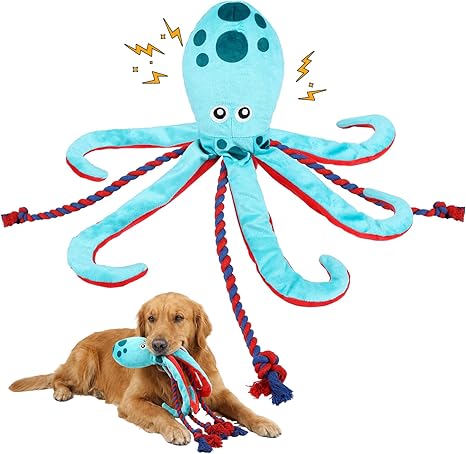 Cotton Rope Interactive Toy No Stuffing Crinkle Plush Dog Toy Dog Squeaky Toy Octopus Dog Squeaky Chew Toy for Small, Medium, Large Breed, Octopus Toy (Blue)