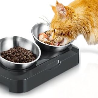 PewinGo Pet Feeding Bowl, Stainless Steel, Non-Slip Cat Feeder with 15° Tilting Neck, Protective Bowl for Pets, Cats and Puppies